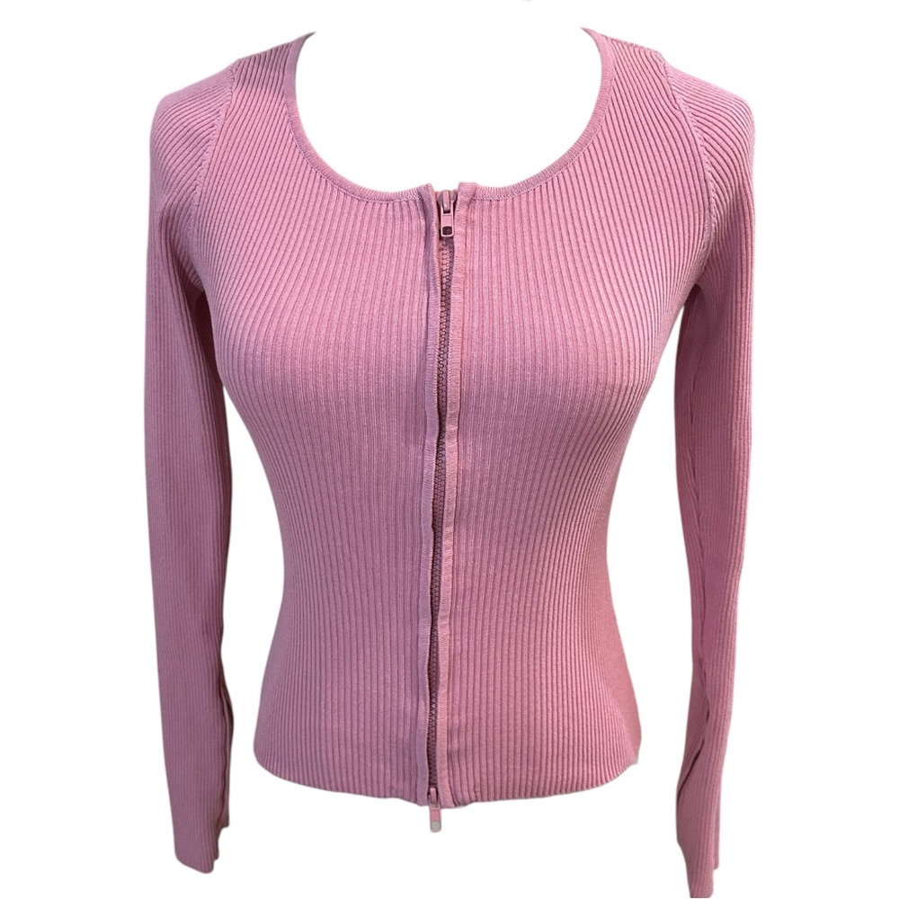 Y2K Pink Fitted Full‎ Zip Knit Ribbed Cardigan Top S Stretch Long Sleeve